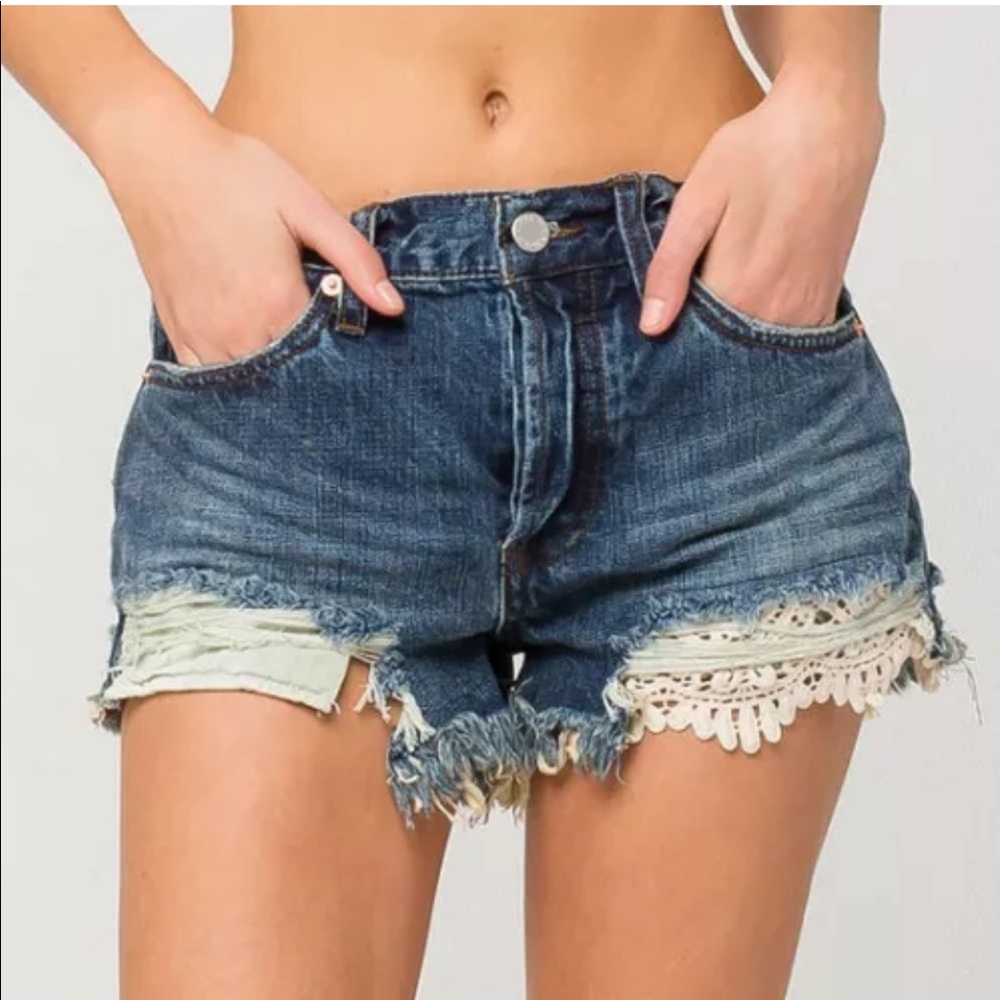 Free People Denim Shorts - Daisy Chain Lace Cotton